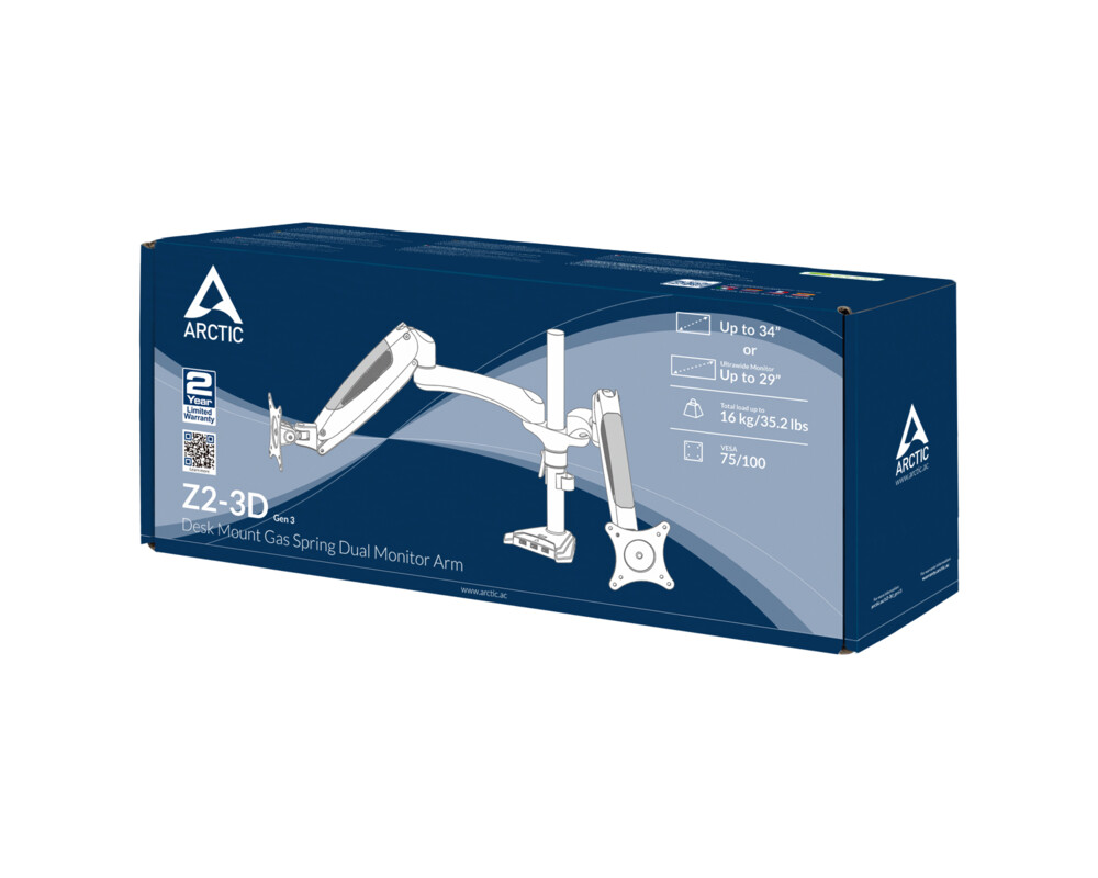 Стойка за 2 монитора за бюро ARCTIC Z2-3D (ген.3), Регулируема, 34", 8 кг, 4 x USB 3.2 Gen 1 24