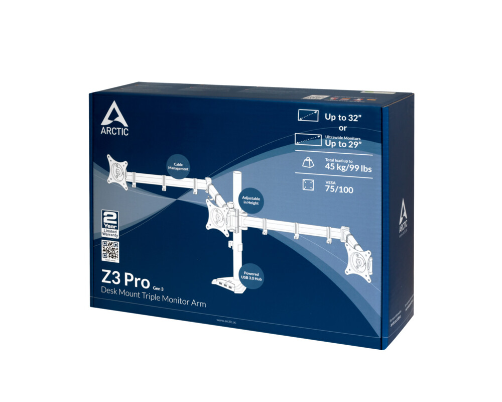 Стойка за 3 монитора ARCTIC Z3 Pro (Gen 3), за бюро, USB 3.2 Gen 1 хъб, Черна 21