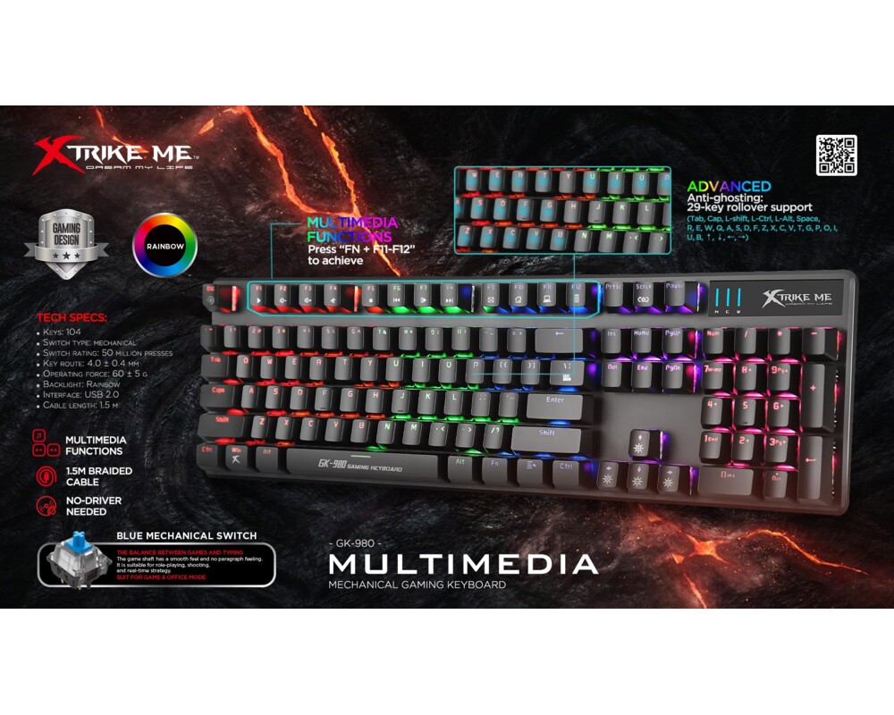 Клавиатура Xtrike ME механична клавиатура Gaming Keyboard Mechanical 104 keys GK-980 - Blue switches 3
