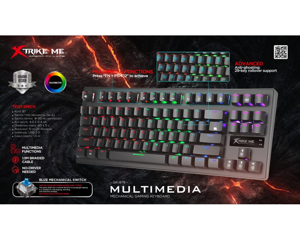 Клавиатура Xtrike ME механична клавиатура Gaming Keyboard Mechanical 87 keys GK-979 - Blue switches 3