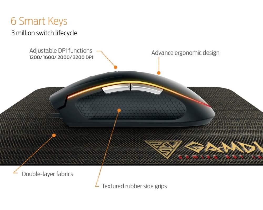 Мишка Gamdias с подложка Gaming Mouse - ZEUS E2 OPTICAL + PAD NYX E1 - 3200dpi 3