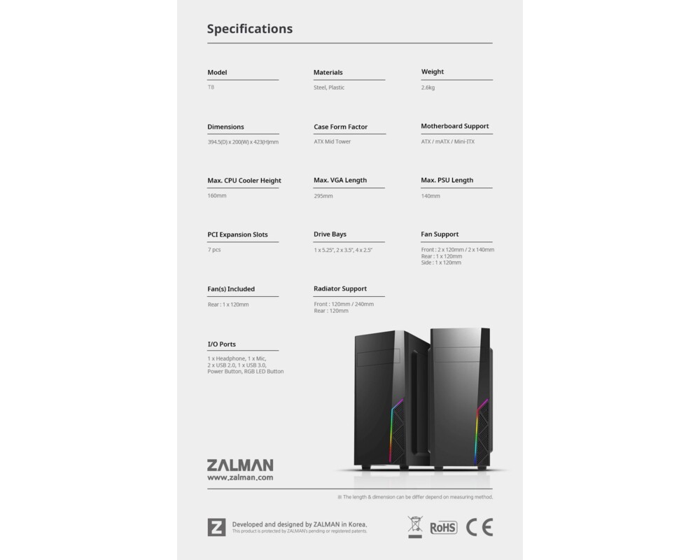 Кутия Zalman T8 RGB, Mid Tower 10