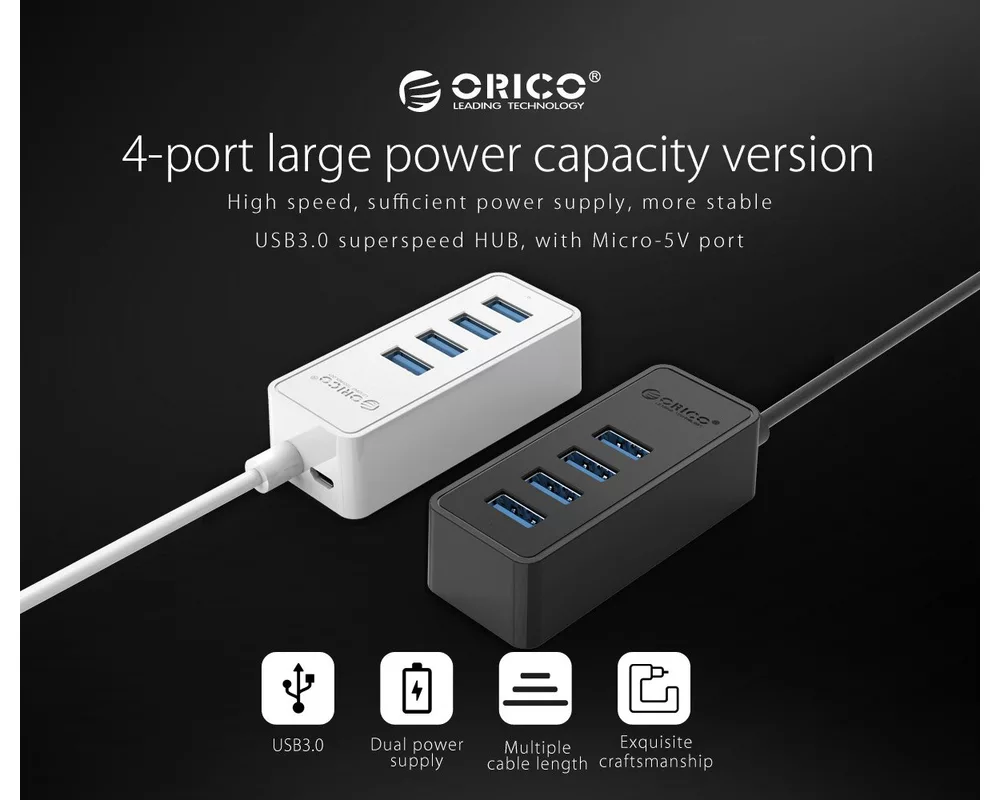 USB хъб Orico USB3.0 HUB 4 port - USB/Micro USB input 6