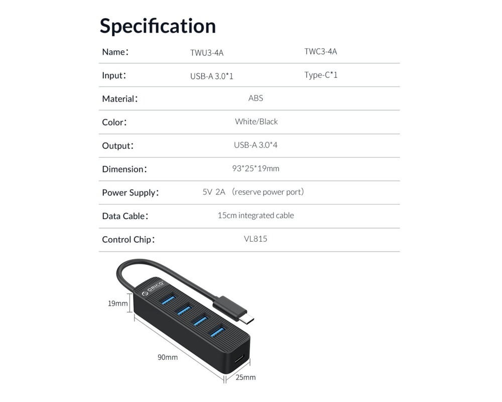 USB хъб Orico USB3.0 HUB 4 port - Type C input 16