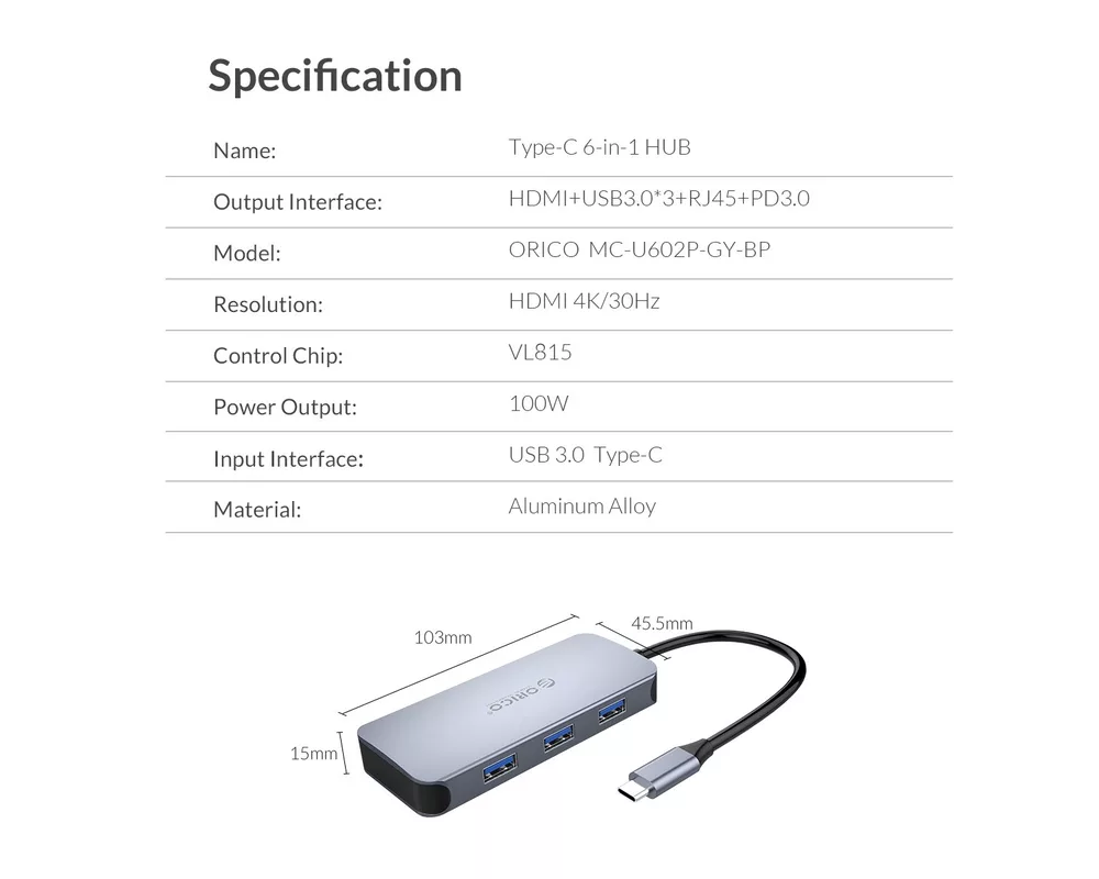 Докинг станция Orico Docking Station Type-C Power Distribution 3.0 100W - LAN 16