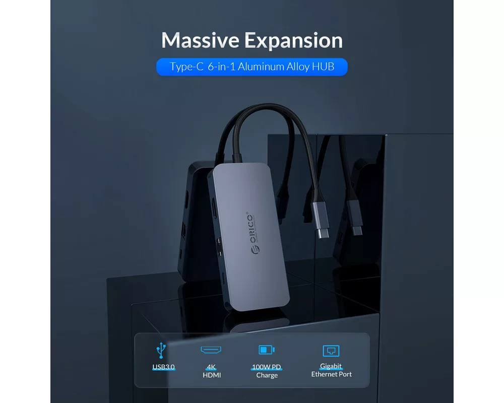 Докинг станция Orico Docking Station Type-C Power Distribution 3.0 100W - LAN 6