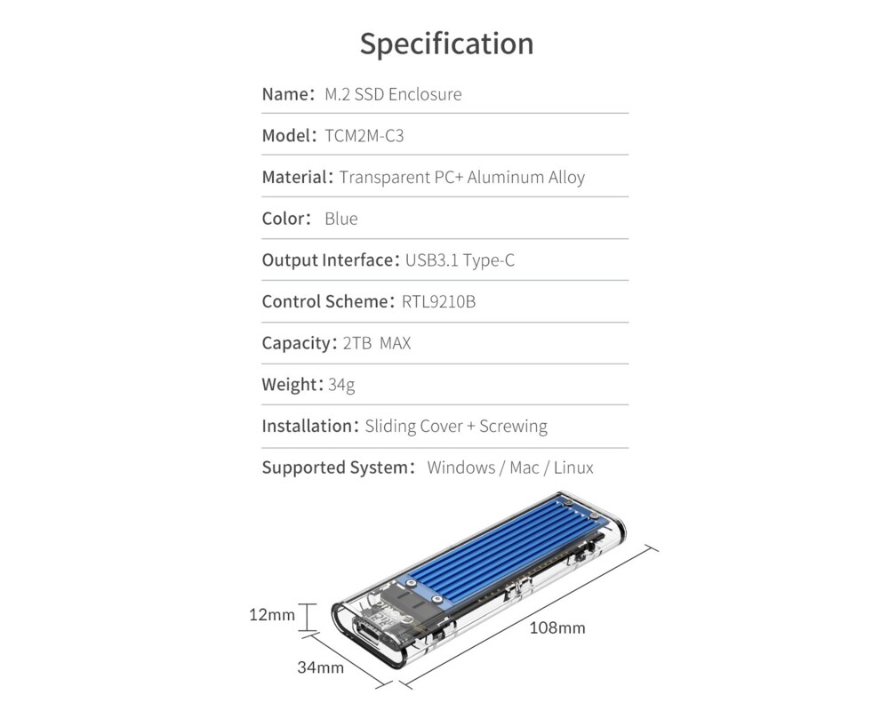 Аксесоар за съхранение Orico външна кутия за диск Storage - Case - M.2 NVMe/SATA M/B key - USB3.1 Type-C Gen.2 10Gbps 21