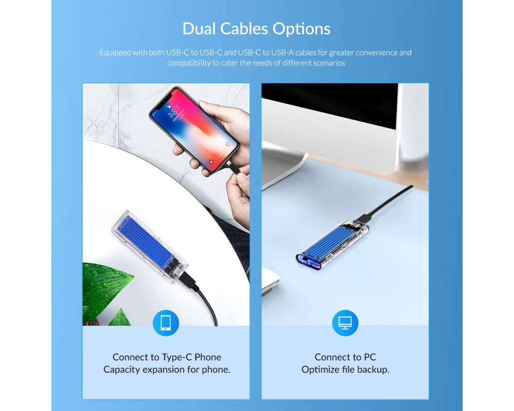 Аксесоар за съхранение Orico външна кутия за диск Storage - Case - M.2 NVMe/SATA M/B key - USB3.1 Type-C Gen.2 10Gbps 13