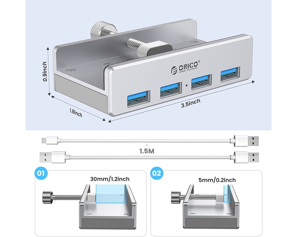 USB хъб Orico USB 3.0 HUB Clip Type 4 port - aux Micro-USB power input 5