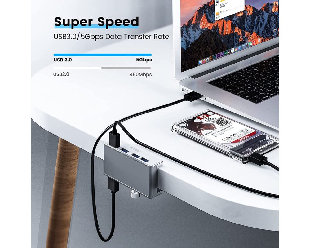 USB хъб Orico USB 3.0 HUB Clip Type 4 port - aux Micro-USB power input 8