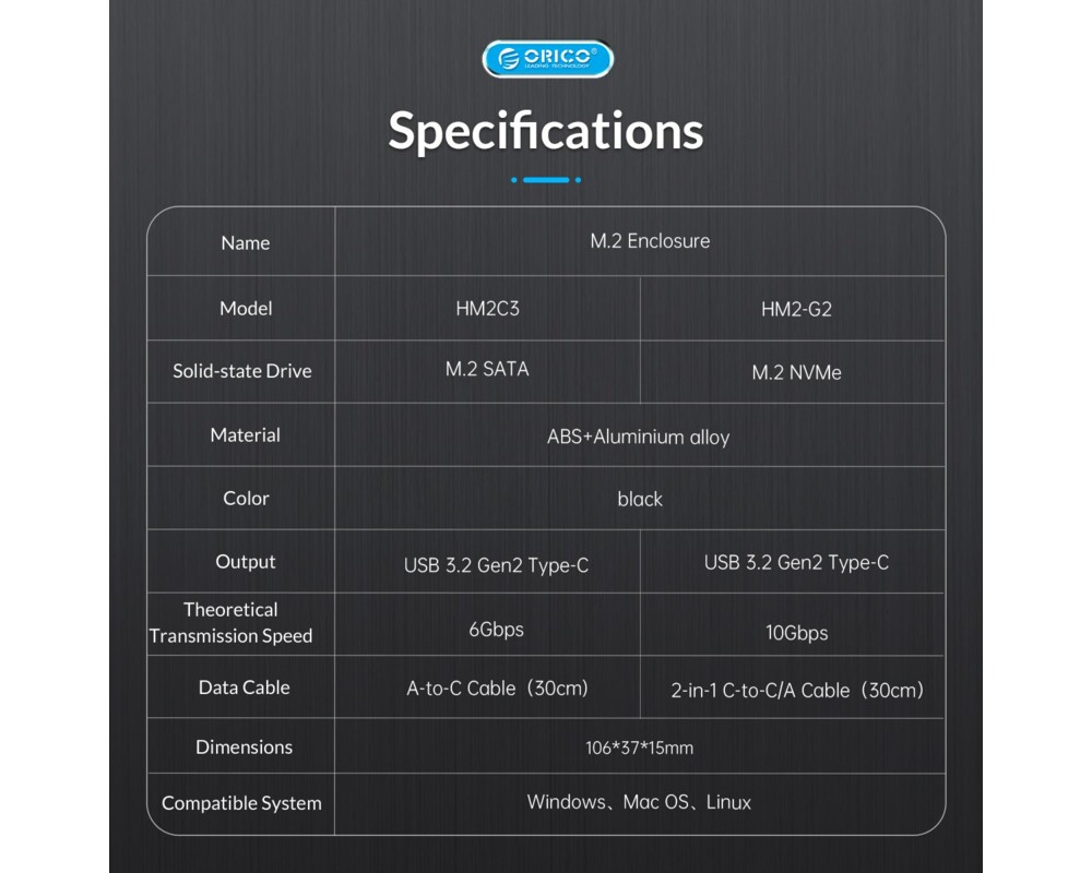 Аксесоар за съхранение Orico външна кутия за диск Storage - Case - M.2 NVMe M key - USB3.1 Gen2 Type-C 21