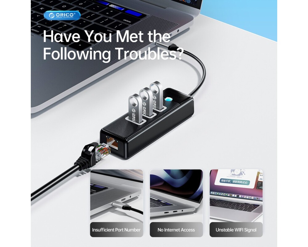USB хъб Orico HUB USB3.1 3 port + LAN 1000M - PW... 4