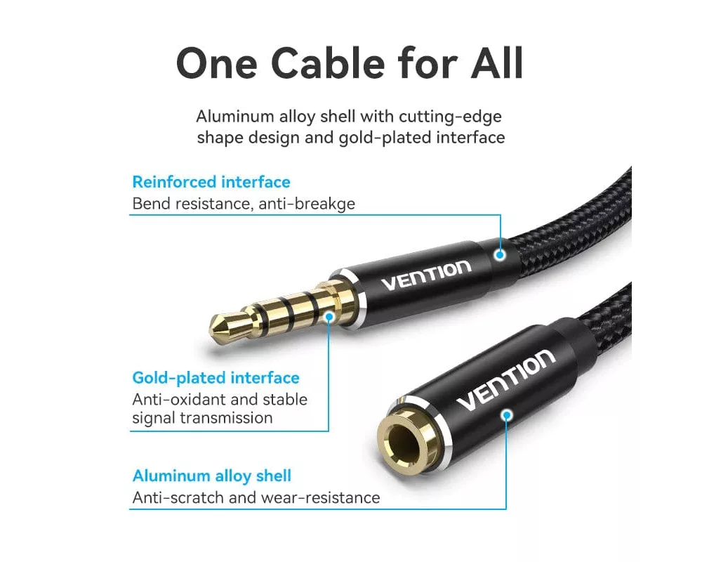 Аудио кабел Vention Аудио Кабел Cotton Braided TRRS 3.5mm Male to 3.5mm F - 1.5m - Gold plated 5