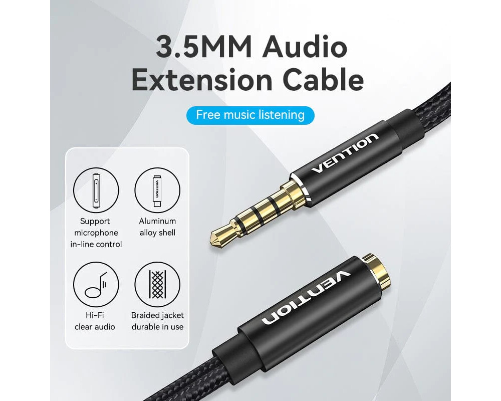 Аудио кабел Vention Аудио Кабел Cotton Braided TRRS 3.5mm Male to 3.5mm F - 0.5m - Gold plated 2