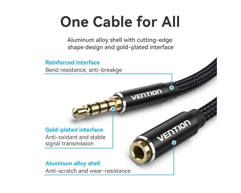Аудио кабел Vention Аудио Кабел Cotton Braided TRRS 3.5mm Male to 3.5mm F - 0.5m - Gold plated 6