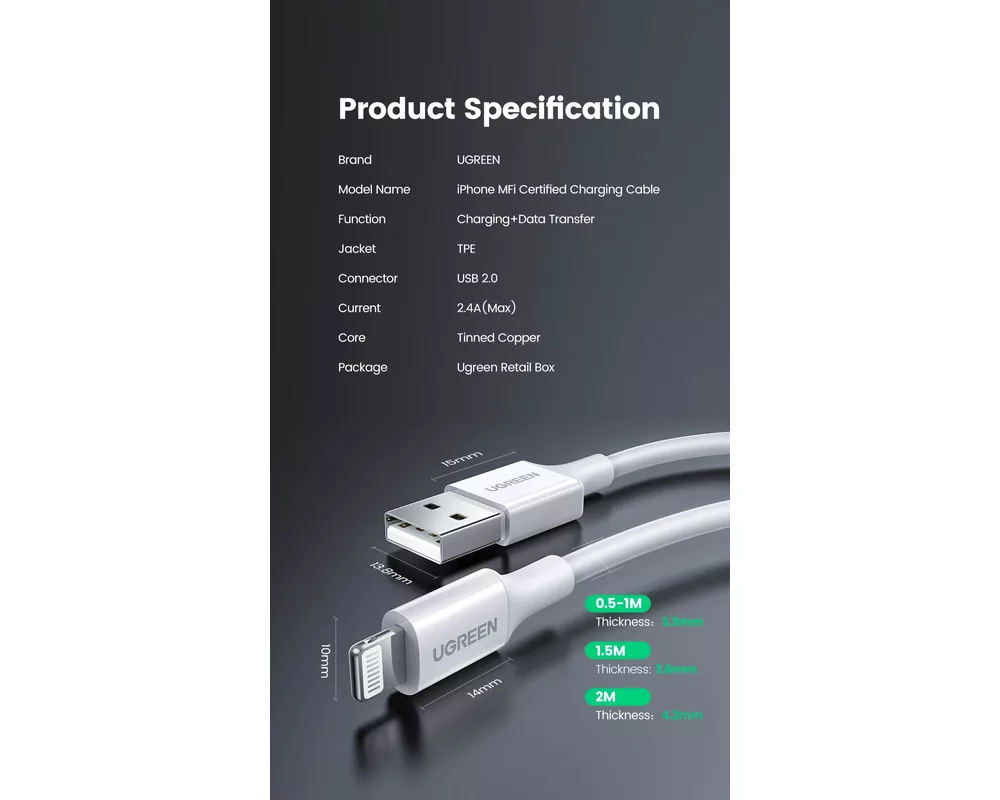Кабел Ugreen кабел Cable iPhone Lighting/USB data US155 12