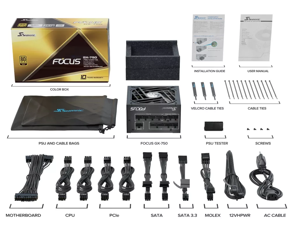 Захранване SEASONIC FOCUS GX-750 750W, 80+ Gold PCIe 5.0, Fully Modular 18