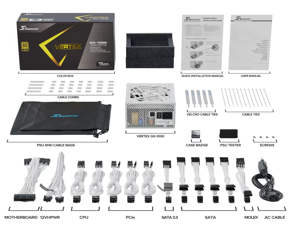 Захранване SEASONIC VERTEX GX-1000 1000W White, 80+ Gold PCIe 5.0, Fully Modular 19