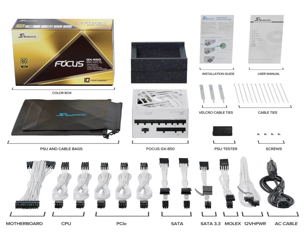 Захранване SEASONIC FOCUS GX-850 850W, White 80+ Gold PCIe 5.0, Fully Modular 18