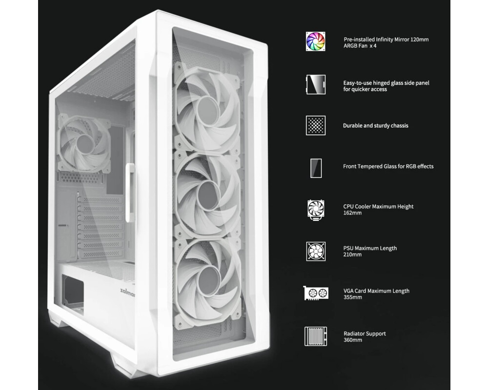 Кутия Zalman ATX - I3 NEO TG White - aRGB 12