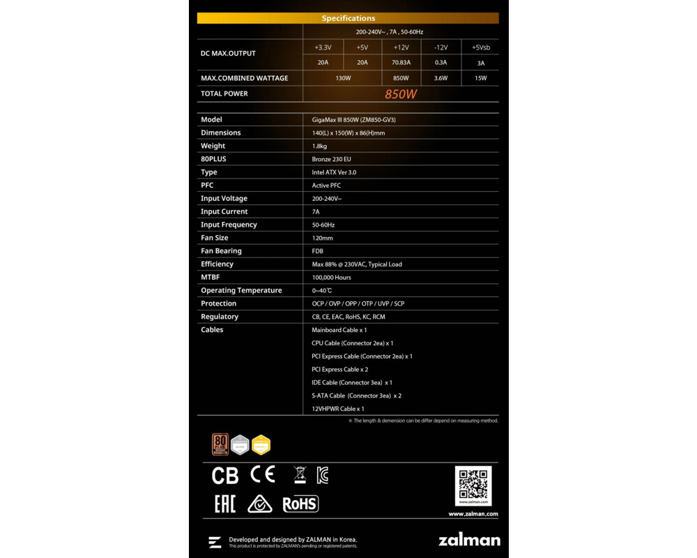 Захранване Zalman GigaMax III ATX 3.0 850W 80+ Bronze 22
