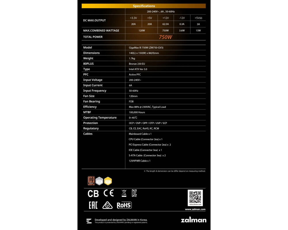 Захранване Zalman GigaMax III ATX 3.0 750W  80+ Bronze 15