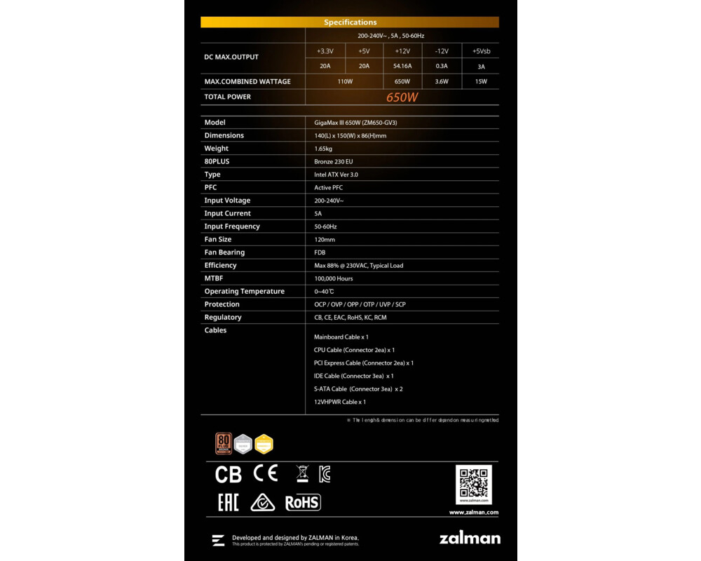 Захранване Zalman GigaMax III ATX 3.0 650W 80+ Bronze 21