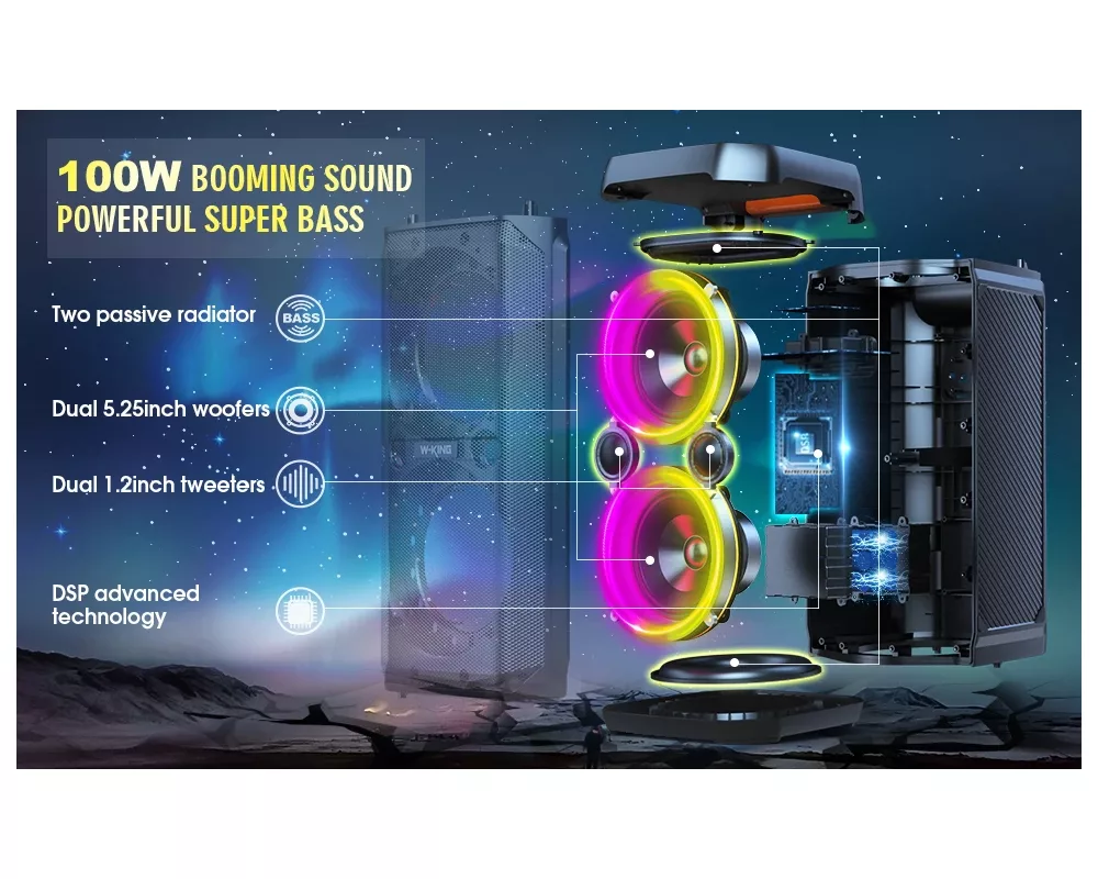 Тонколони W-King Блутут парти колона Bluetooth Party Speaker - T11 Black - 100W 10