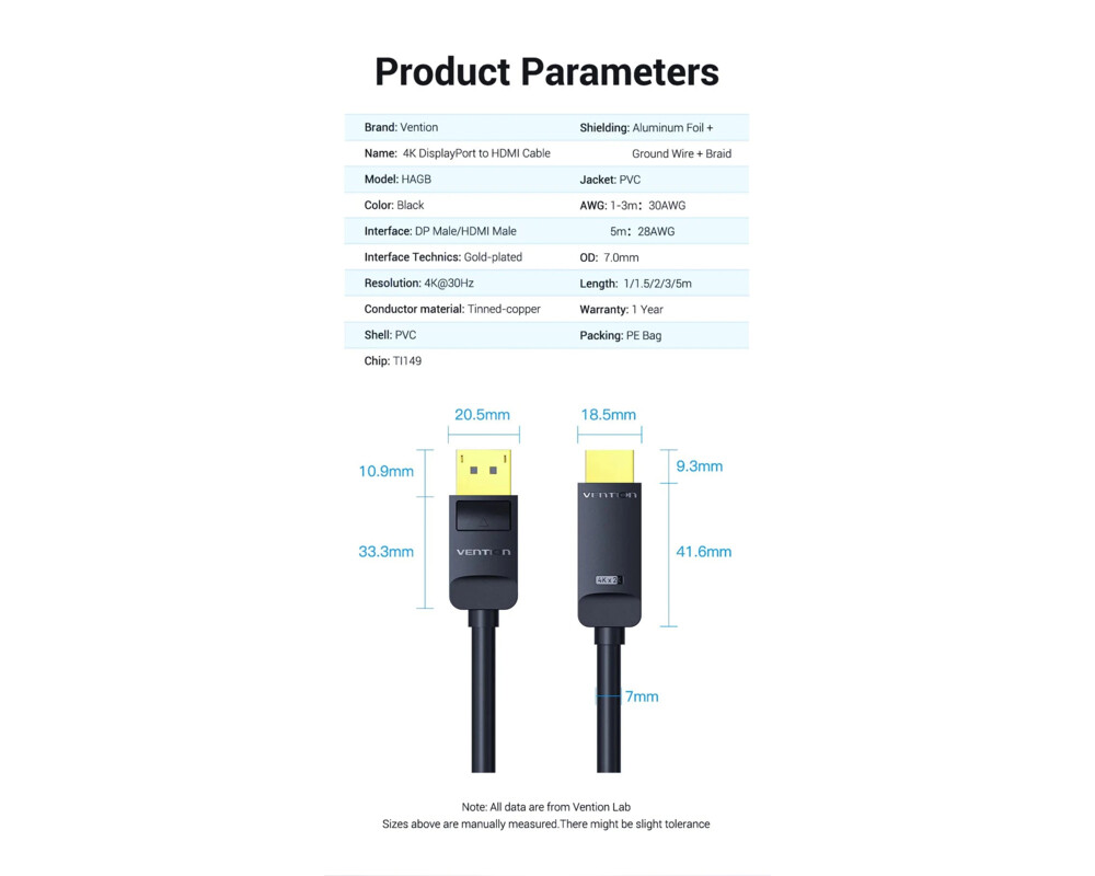Кабел Vention кабел Cable DisplayPort to HDMI 3.0m - 4K 14