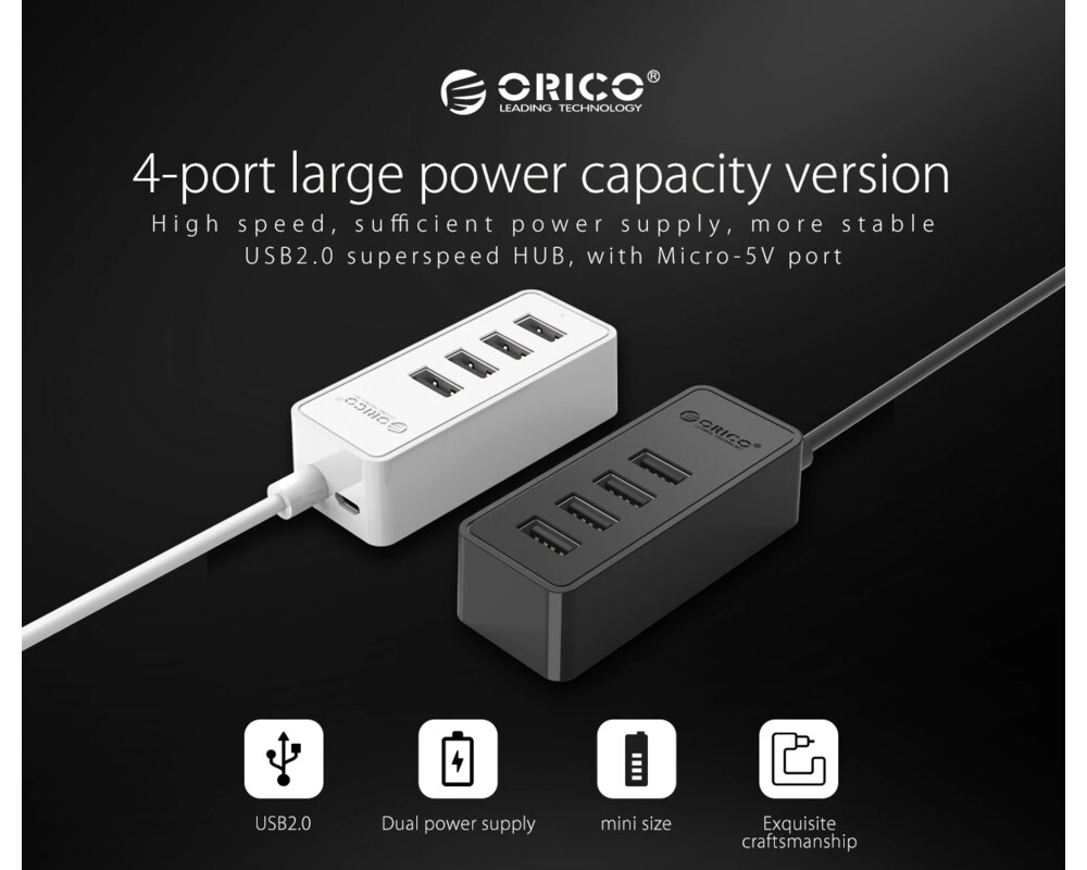 USB хъб Orico USB2.0 HUB 4 port - USB/Micro USB input 6
