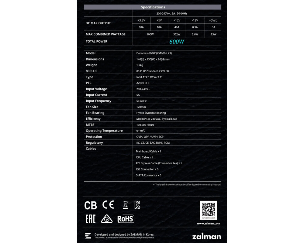 Захранване Zalman DecaMax 600W 80+ ZM600-LX3 13