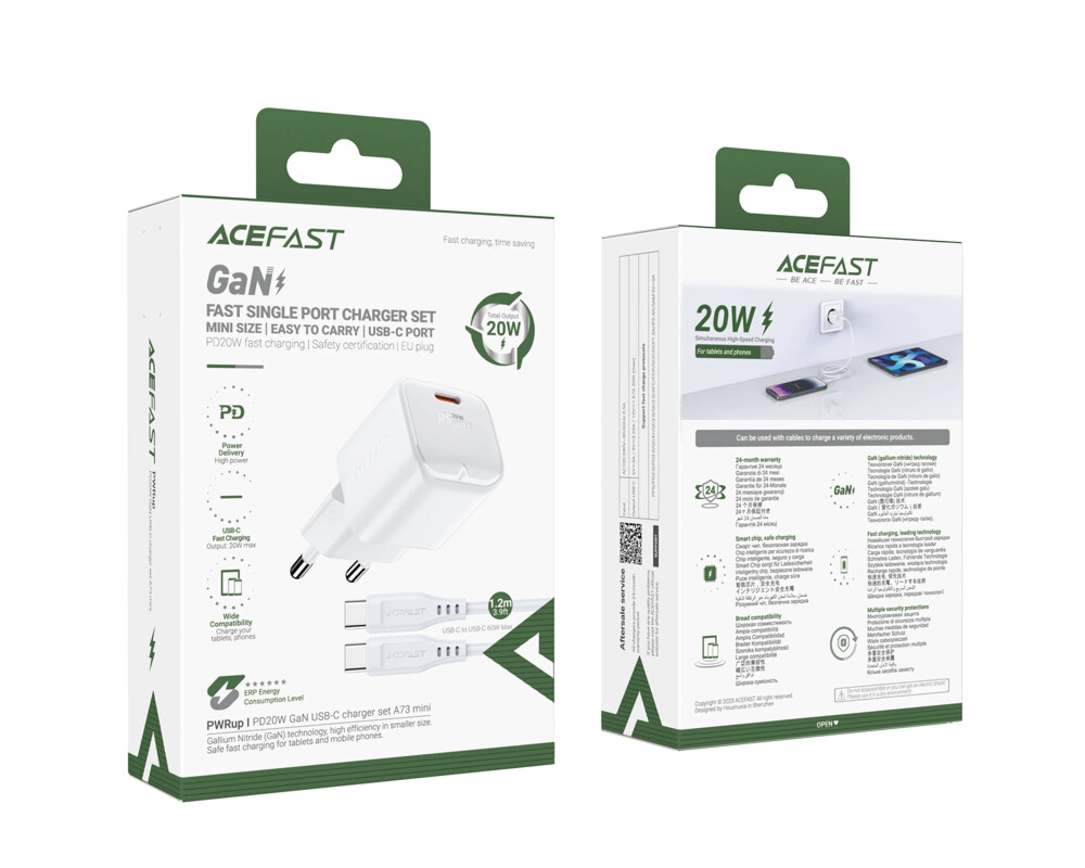 Зарядно Acefast Универсално за стена Charger Wall GaN PD20W - A73 Mini with 1.2m cable - USB-C x 1 7
