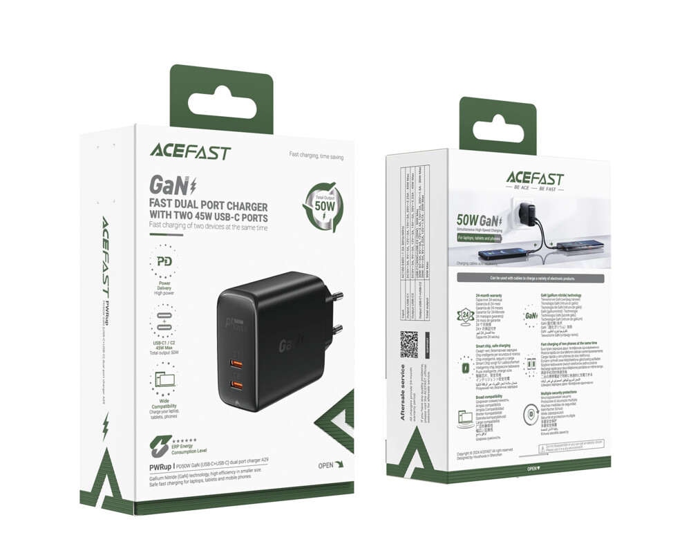 Зарядно Acefast Универсално за стена Charger Wall GaN PD50W - A29 - USB-C x 2 5