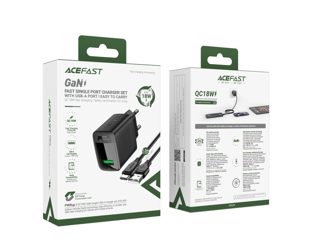 Зарядно Acefast Универсално за стена Charger Wall GaN Quick Charge 18W - A90 with 1.2m cable - USB-A x 1 8