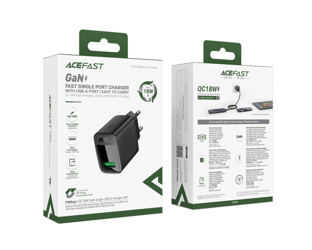 Зарядно Acefast Универсално за стена Charger Wall GaN Quick Charge 18W - A90 - USB-A x 1 8