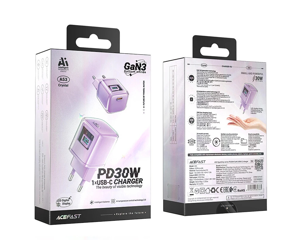 Зарядно Acefast Универсално за стена Charger Wall GaN PD30W - A53 - USB-C x 1 7