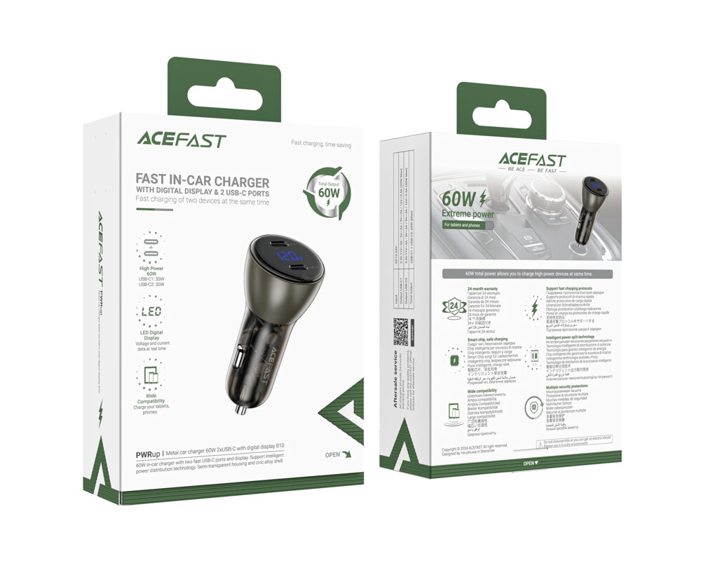 Зарядно Acefast Fast Charger Car PD3.0 60W - B10 - USB-C x 2 6
