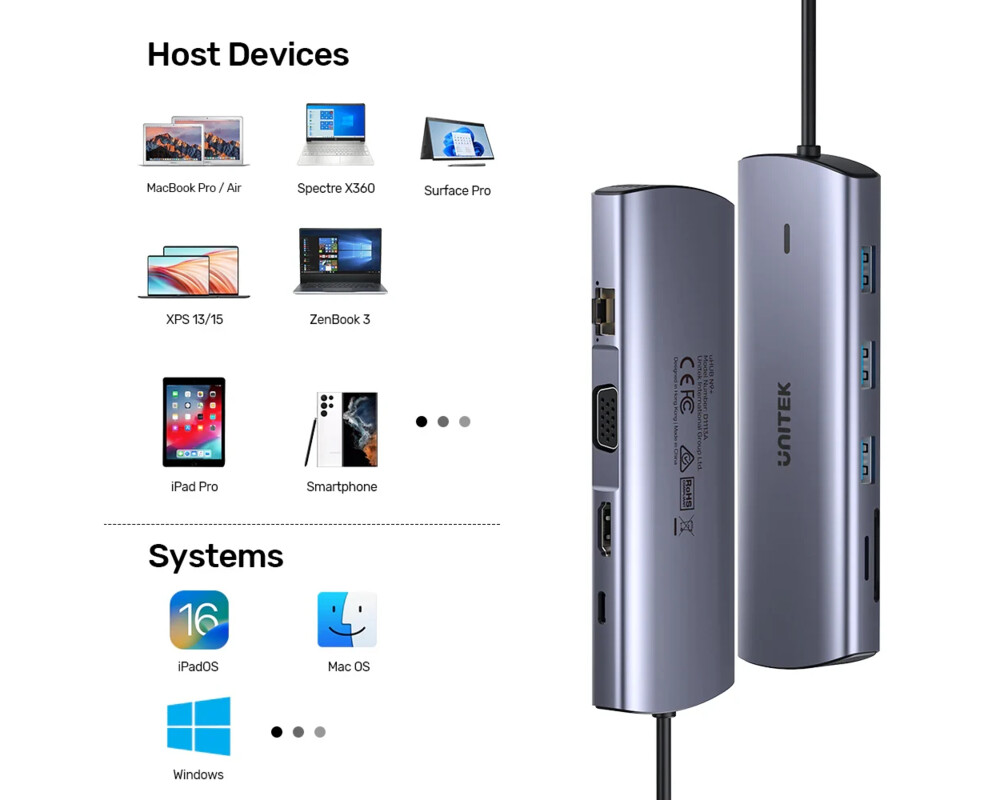 Докинг станция Unitek Type-C Docking Station PD3.0 100W - HDMI 7