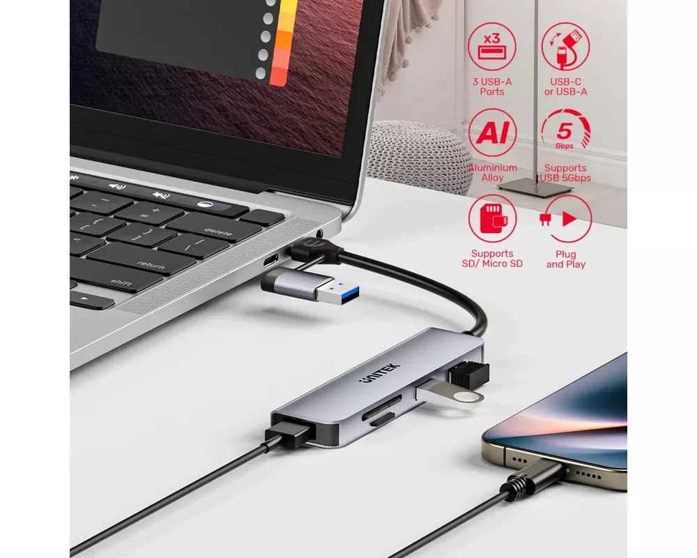 USB хъб Unitek HUB USB-C/USB-A 3 port uHUB P5+ - USB3.0 x 3 4