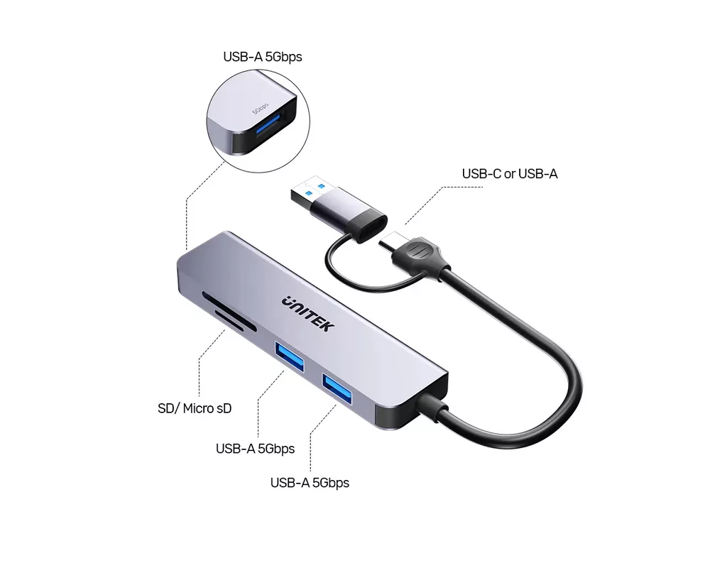USB хъб Unitek HUB USB-C/USB-A 3 port uHUB P5+ - USB3.0 x 3 3
