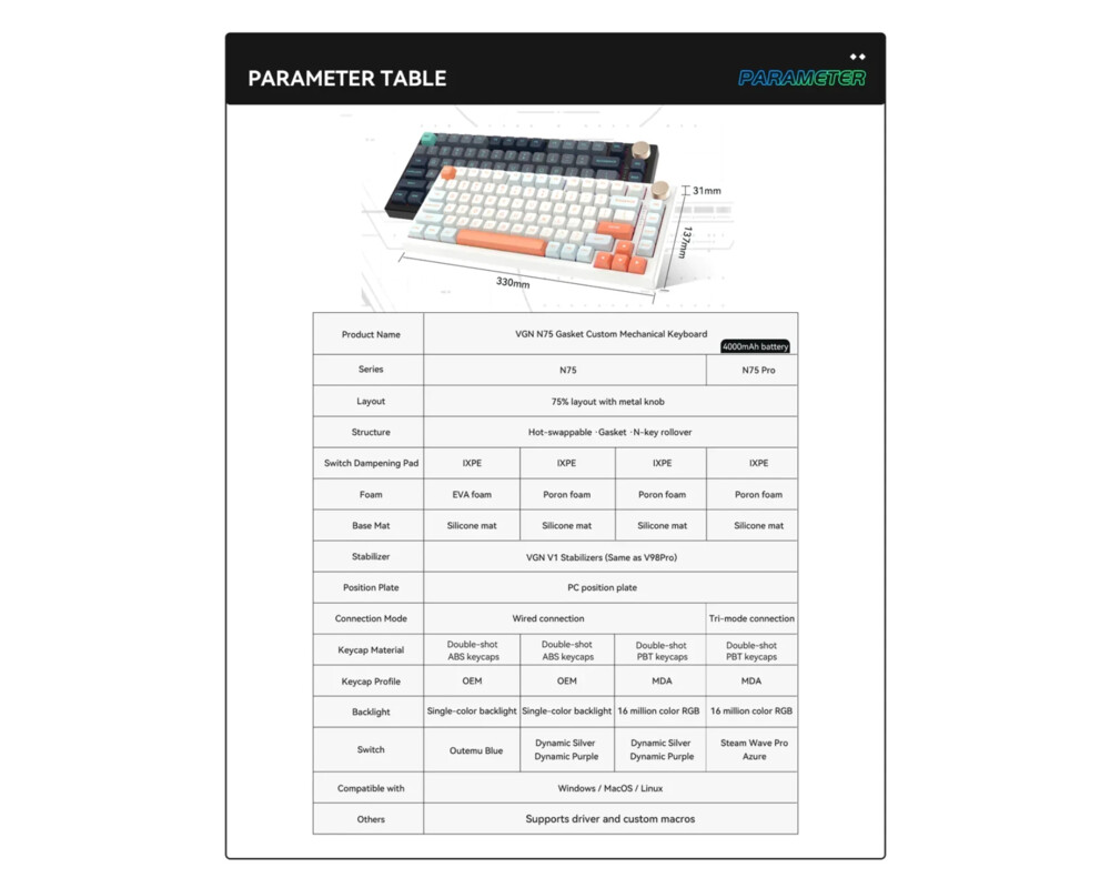 Клавиатура VGN безжична геймърска механична клавиатура Wireless Gaming Mechanical Keyboard - N75 PRO Caribbean Blue - Kailh Vaporwave Switches 12