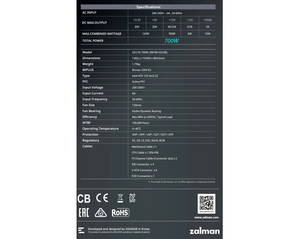 Захранване Zalman 700W Bronze - ZM700-GV2 SE 17