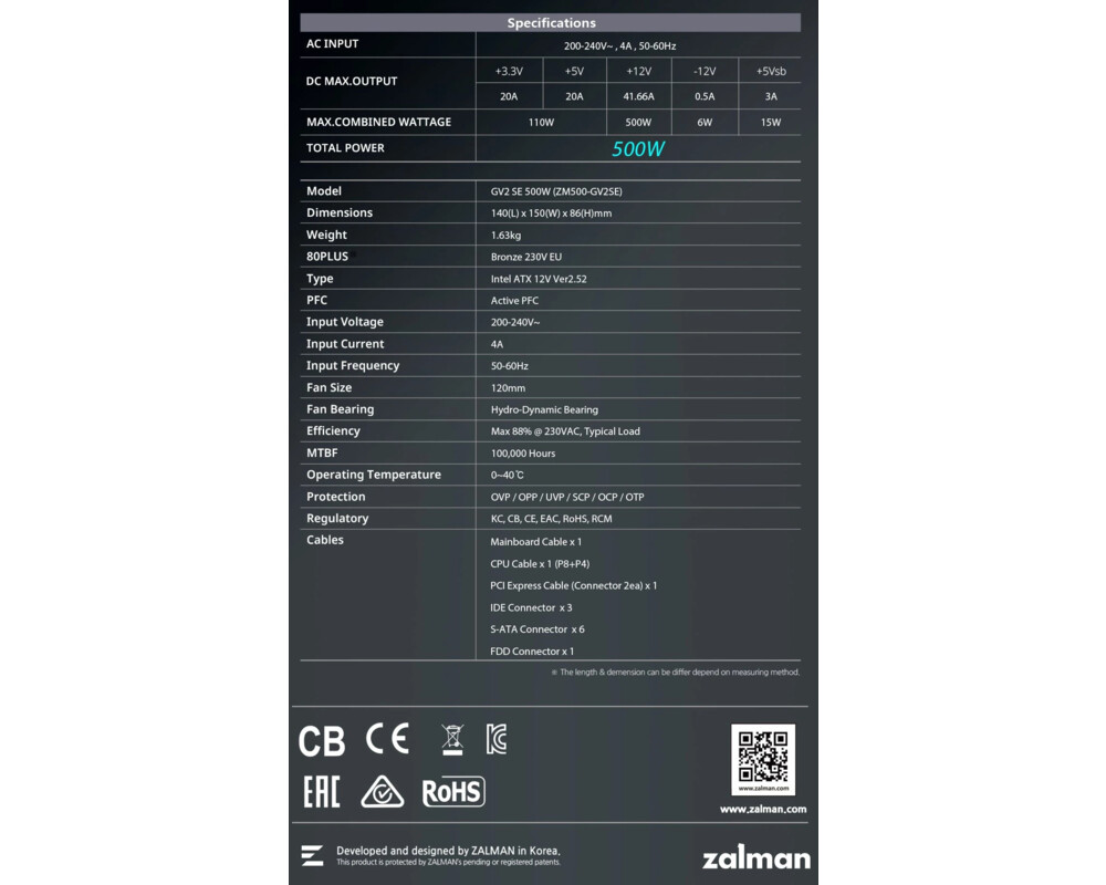 Захранване Zalman 500W Bronze - ZM500-GV2 SE 18