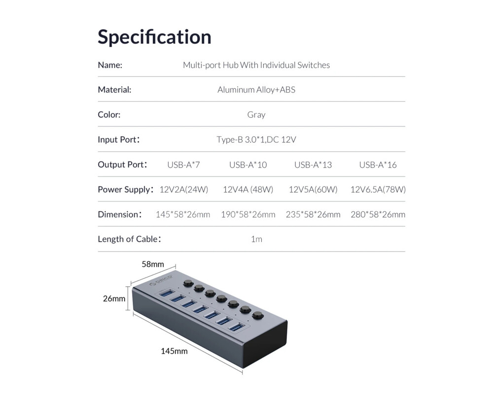 USB хъб Orico USB3.0 HUB 7 port with Power Adapter 18