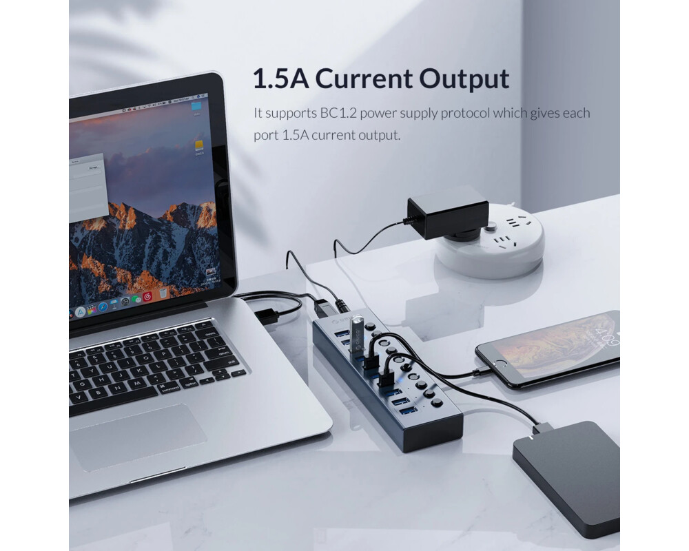 USB хъб Orico USB3.0 HUB 7 port with Power Adapter 11
