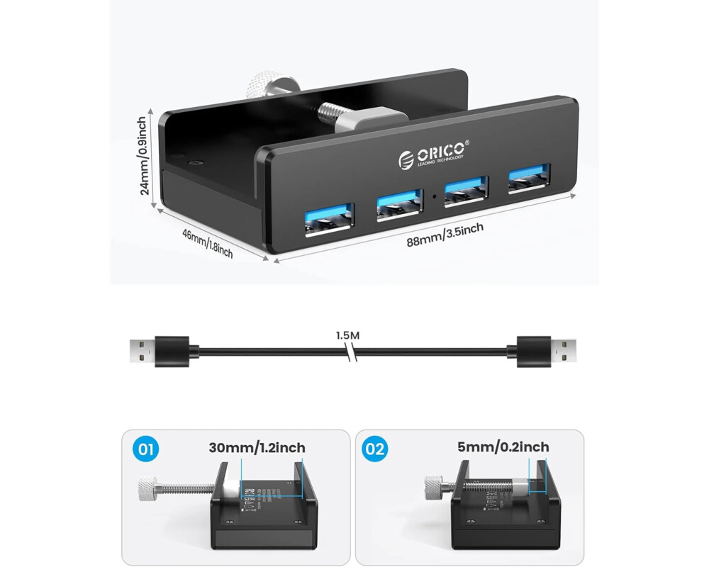 USB хъб Orico USB 3.0 HUB Clip Type 4 port - aux Micro-USB power input 2