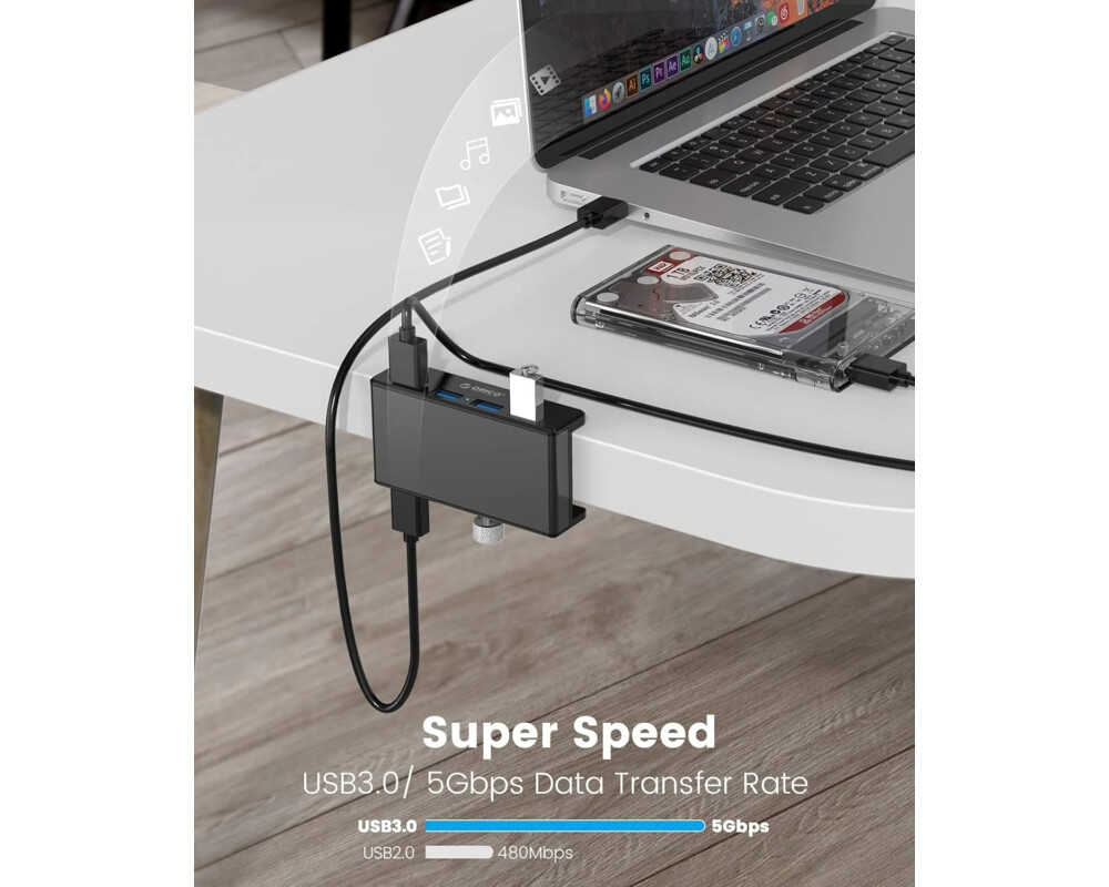 USB хъб Orico USB 3.0 HUB Clip Type 4 port - aux Micro-USB power input 7