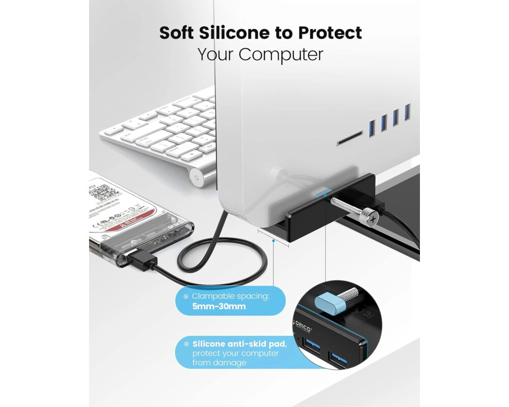USB хъб Orico USB 3.0 HUB Clip Type 4 port - aux Micro-USB power input 6