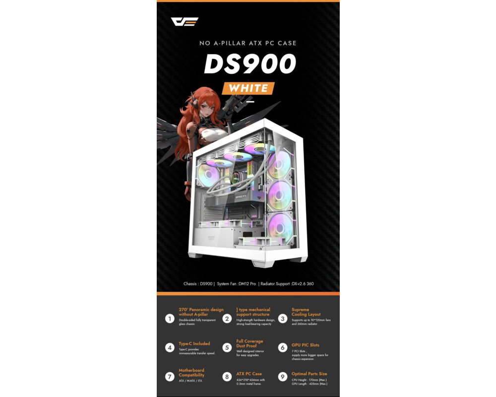Кутия Darkflash ATX - DS900 White - USB-C 9