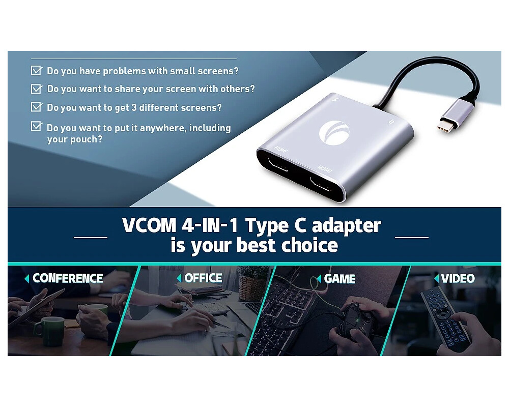 Докинг станция VCom Docking Station USB-C 4-in-1 - CU450S - HDMI x 2 3